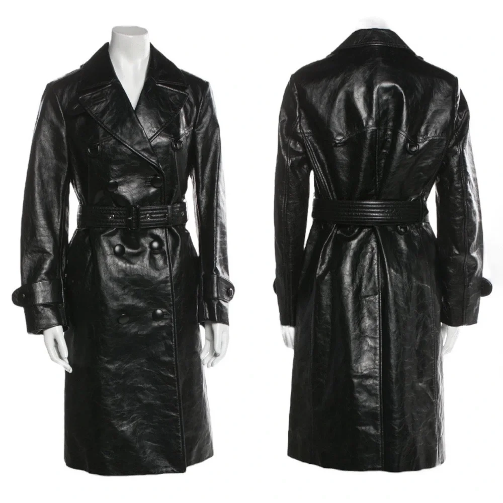 Burberry | NWT D-Ring Detail Crinkled Leather Trench Coat in Black - Size IT 42 - Picture 5 of 16
